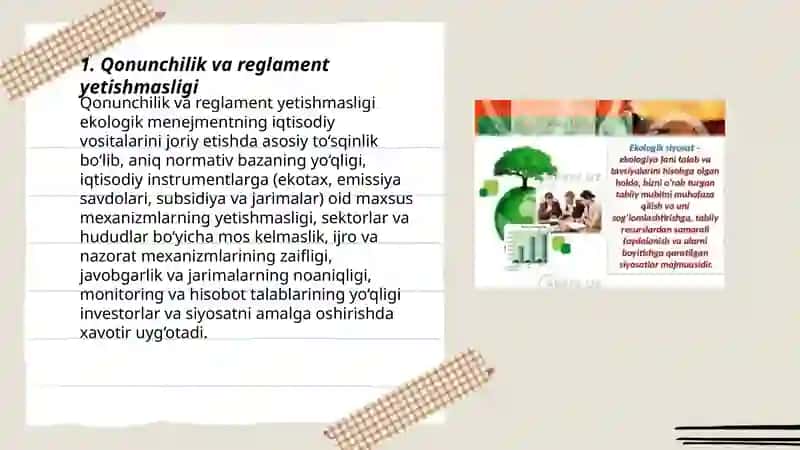 Ekologik menejmentning iqtisodiy vositalarini joriy etishdagi asosiy tosiq va g'ovlar nimalardan iborat 3