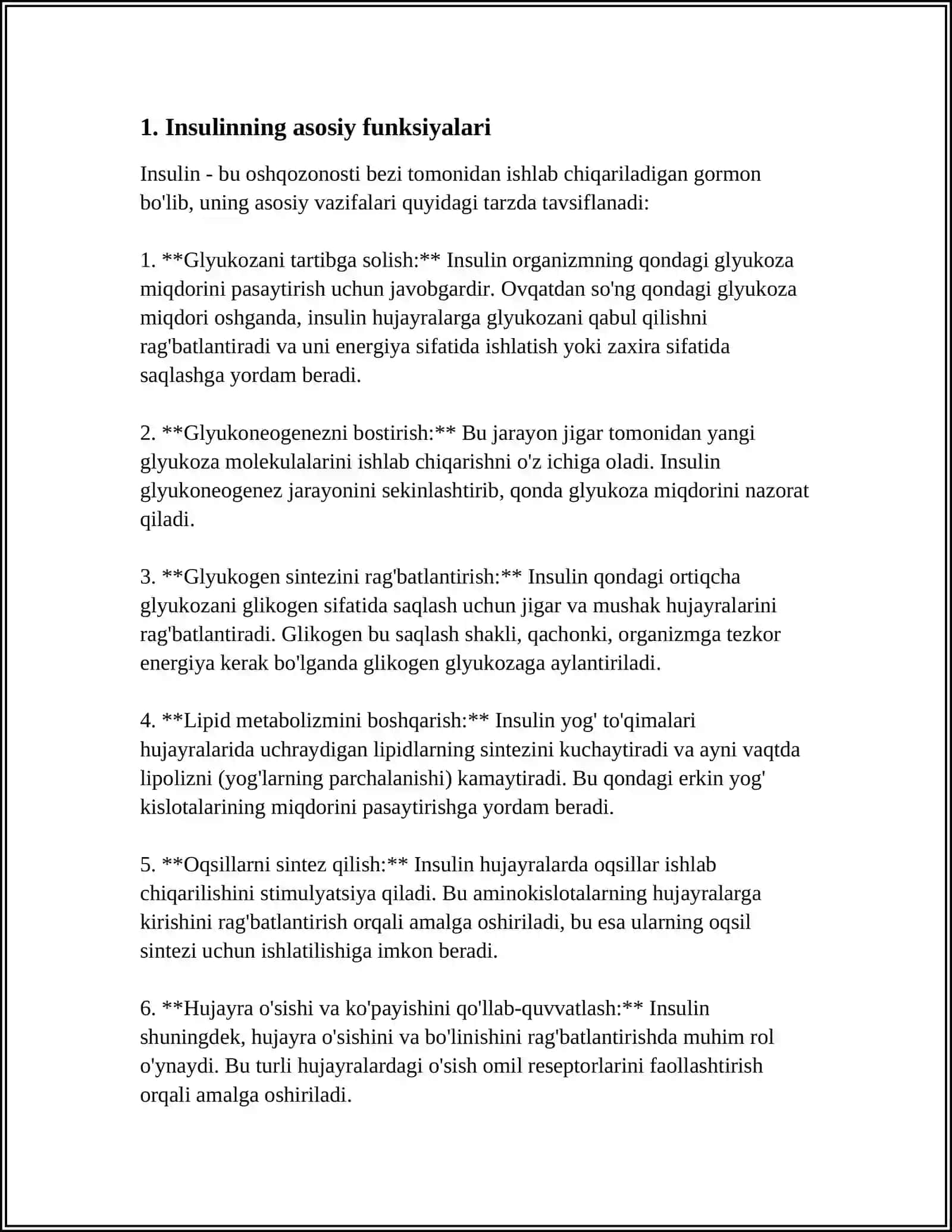 MAVZU 8. ODAM ORGANIZMIDA KECHADIGAN METABOLIK JARAYONLARDA INSULIN VA GLYUKOGONNING ROLI 3