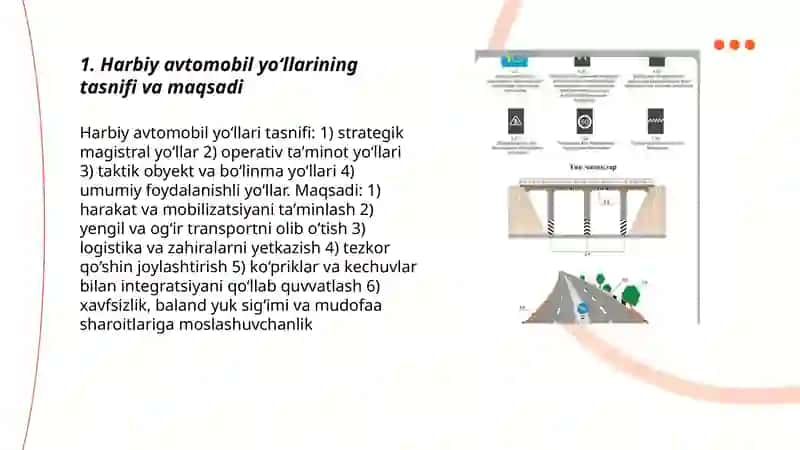 Harbiy avtomobil yo‘llaridagi harakat sharoiti, yo‘l to‘shamasi, ko‘priklar va kechuvlar 3