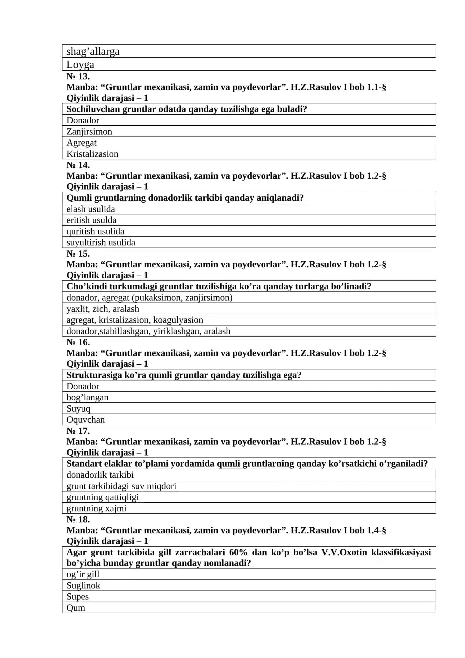 Gruntlar mexanikasi, zamin va poydevorlar fanidan test 3