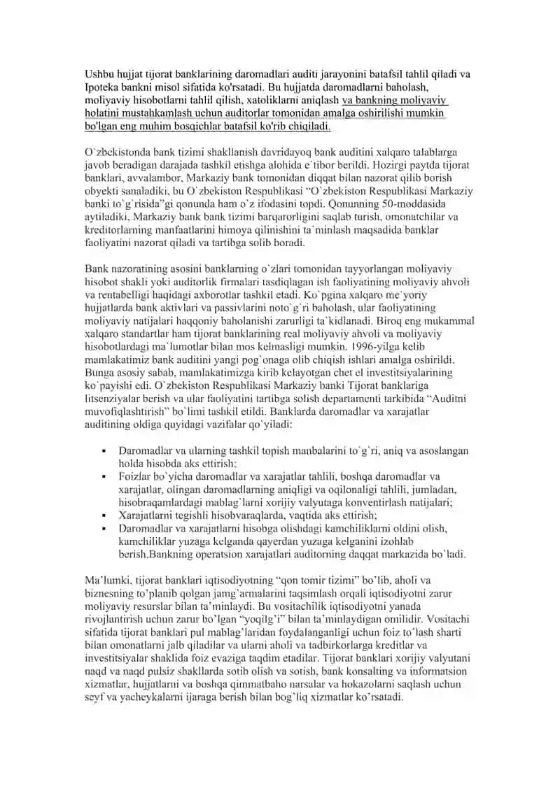 Tijorat banklarining daromadlari auditi Ipoteka bank misolida 3