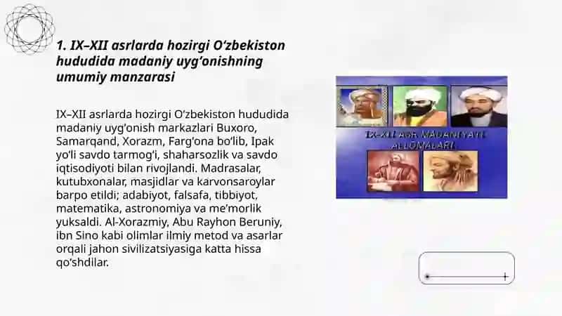 IX-XII asrlarda mamlakatimiz hududida roʻy bergan madaniy uygʻonish (Renesans) 3
