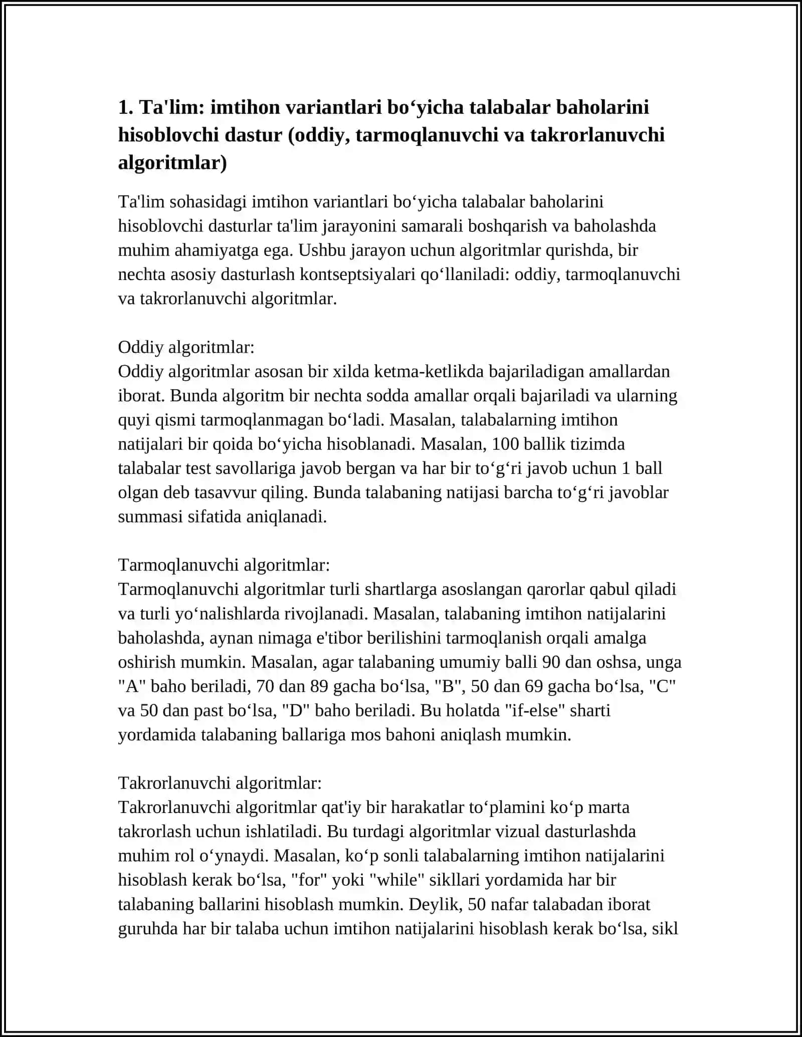 ODDIY, TARMOQLANUVCHI VA TAKRORLANUVCHI ALGORITMLARGA SOHA BO‘YICHA BERILGAN VARIANTLARNI ISHLATGAN XOLDA DASTURLAR YARATISH 3
