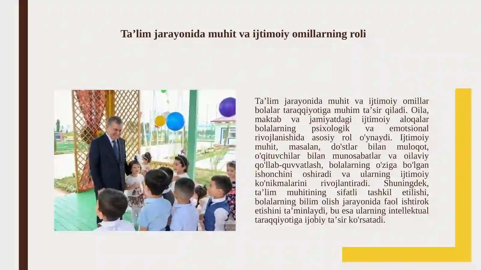 Taʼlim tarbiya jarayonida bolalar taraqqiyotiga taʼsir qiluvchi omillar va bola taraqqiyotini psixodiagnostika qilishning oʻziga xos tomonlari 3