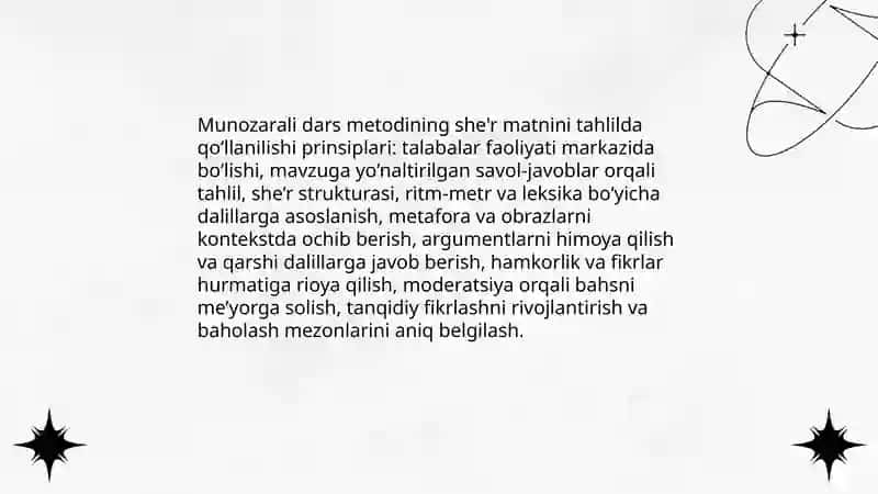 Badiiy asar matni tahlili (she'r, hikoya matnini tahlil qilishda munozarali dars metodidan foydalanish) 3