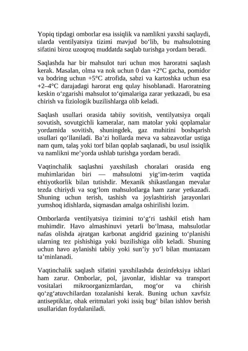 Meva-sabzavotlarni vaqtinchalik omborlarda saqlash usullari va  yaxshilash choralari. 3