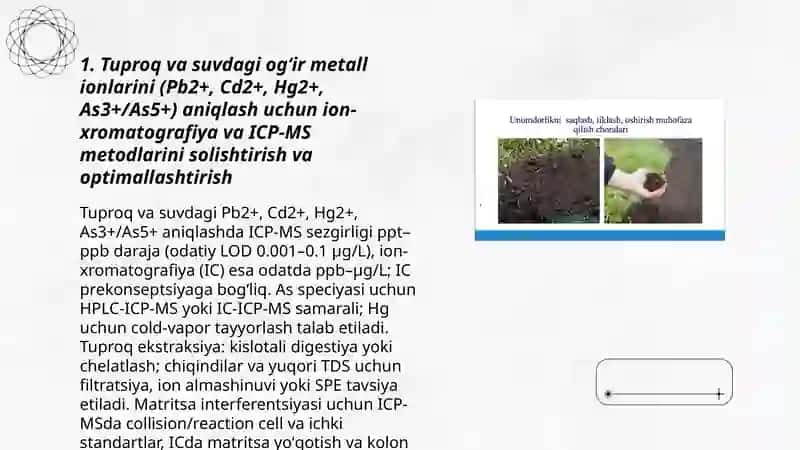Tuproq va suvning ifloslanishida ion bogʻlanish birikmalarini aniqlash va tozalash usullarini ishlab chiqish 3
