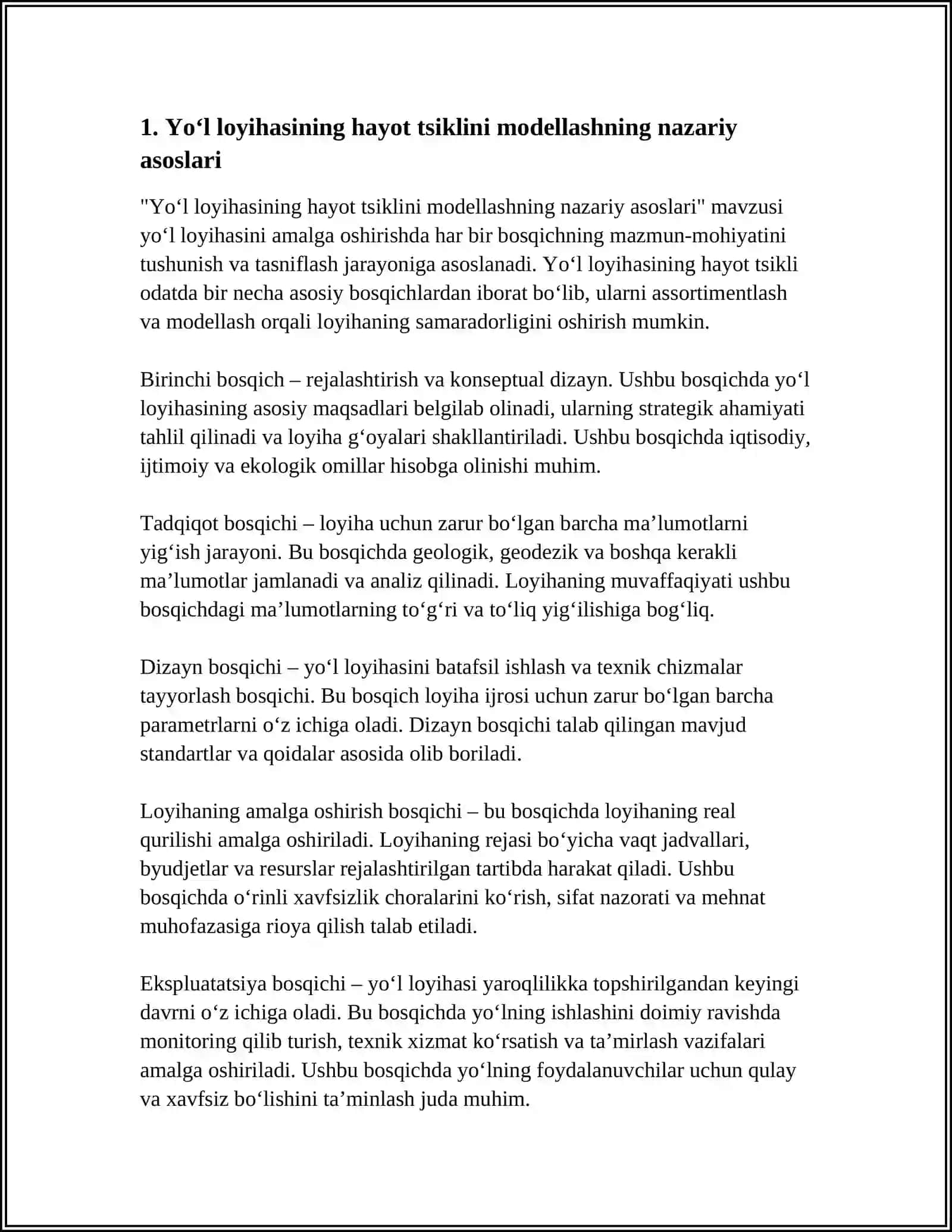 Yo‘l loyihasining hayot tsiklini modellashning nazariy asoslari 3