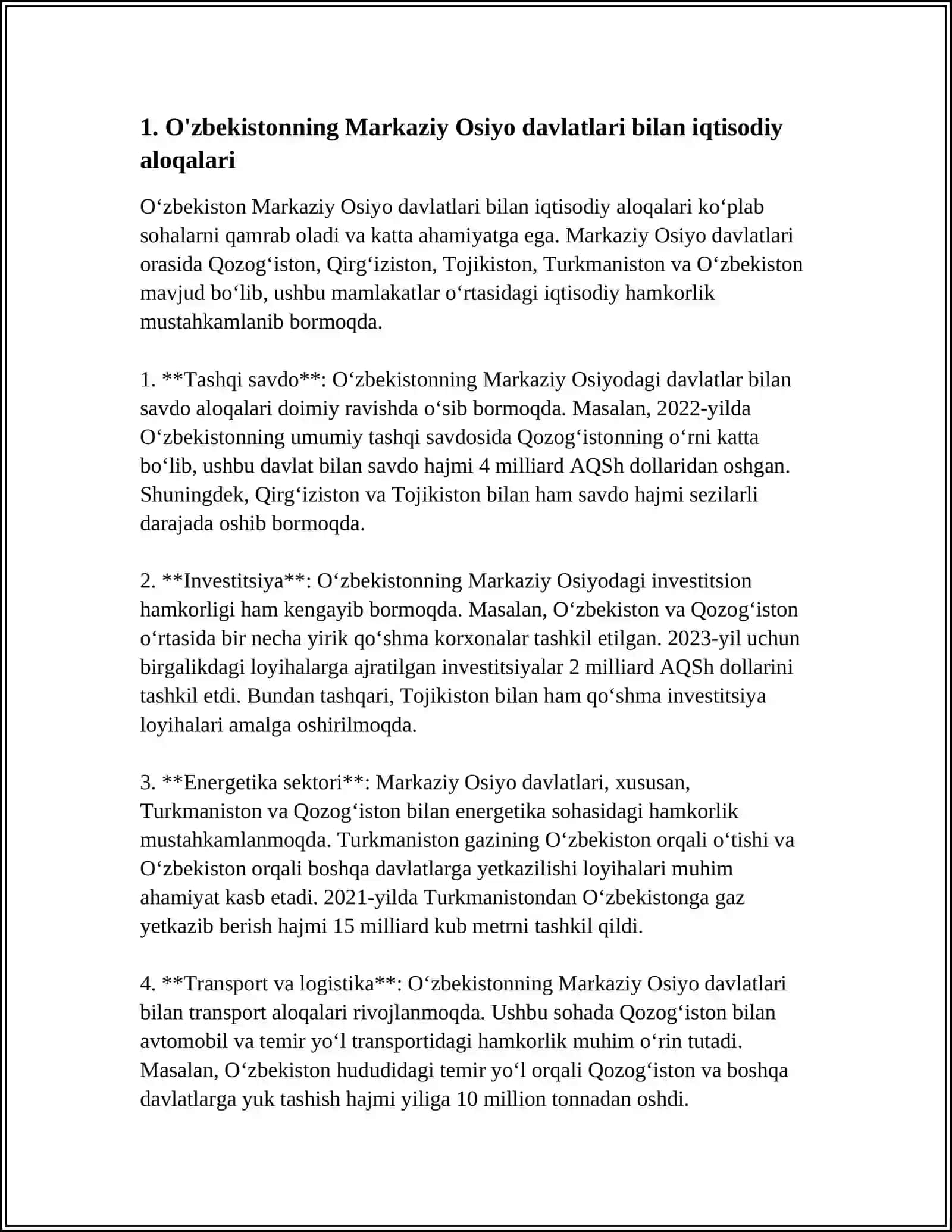 MUSTAQILLIK YILLARIDA O'ZBEKISTONNING MARKAZIY OSIYODAGI HAMKORLIGI 3