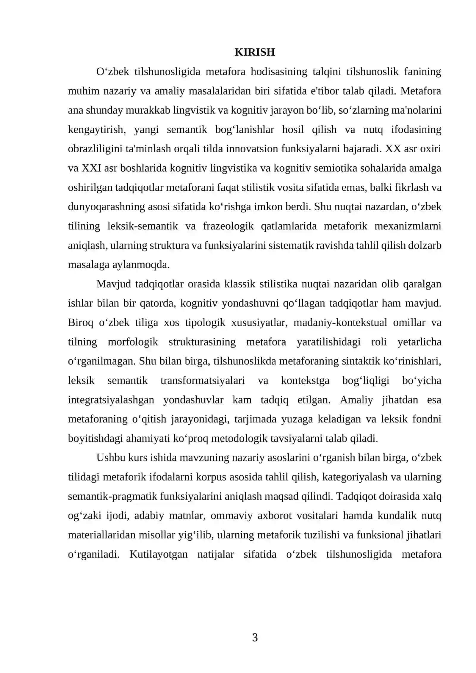 “O‘ZBEK TILSHUNOSLIGIDA METAFORA HODISASINING TALQINI” MAVZUSIDAGI TAYYOR KURS ISHI 3