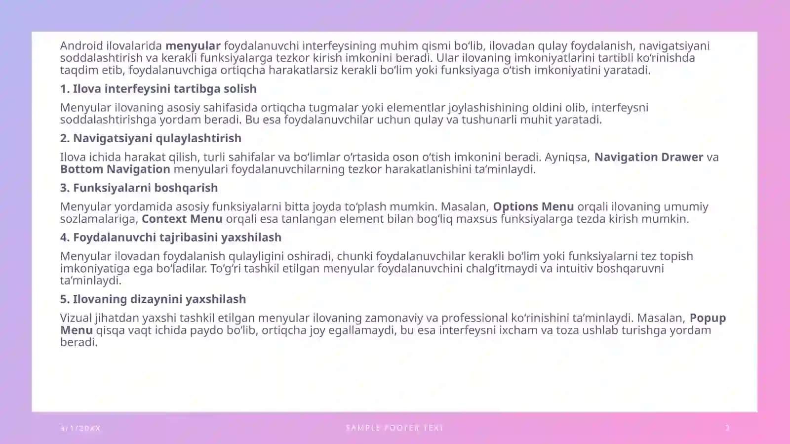 Android ilovalarini ishlab chiqish kontekstida menyular 3