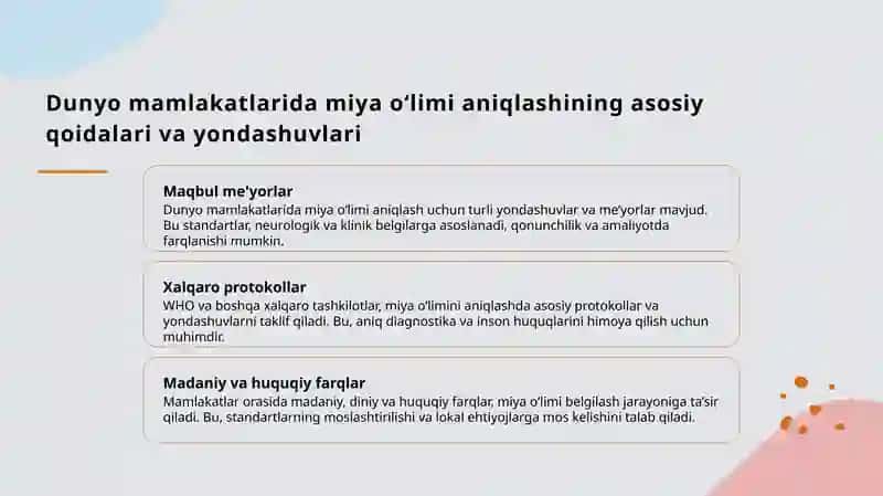 Turli mamlakatlarda "Miya o‘limini" aniqlashga doir qoidalar, yo‘riqnomalar,nizomlar. 3