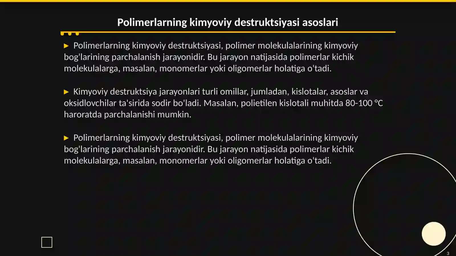 Pоlimеr mоddаlаrining dеstruktsiyasi: kimyoviy dеstruktsiya, tеrmik dеstruktsiya 3
