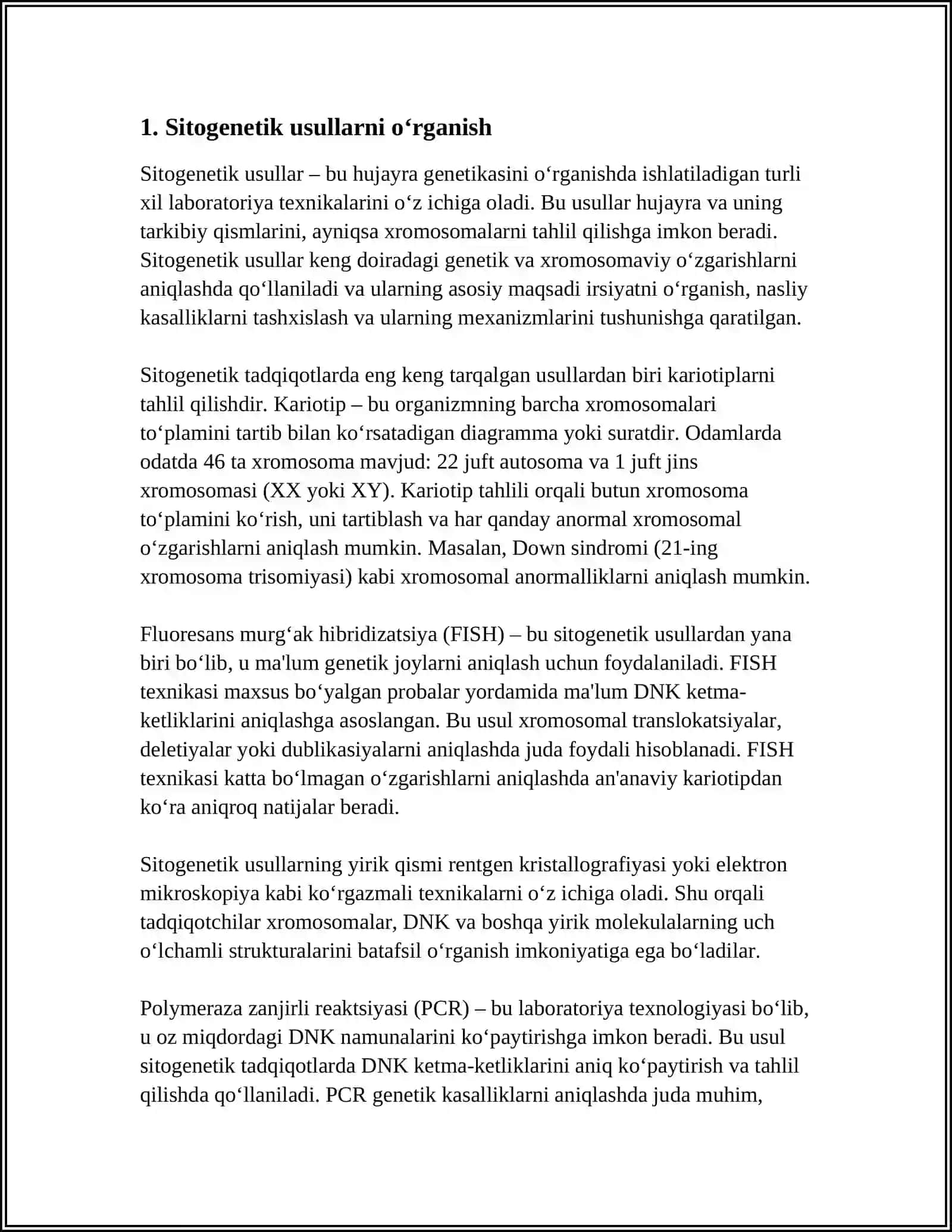 GENETIKASINING O‘RGANISH USULLARI: SITOGENETIK, DERMATOGLIFIKA, BIOKIMYOVIY. PRENATAL DIAGNOSTIKA 3