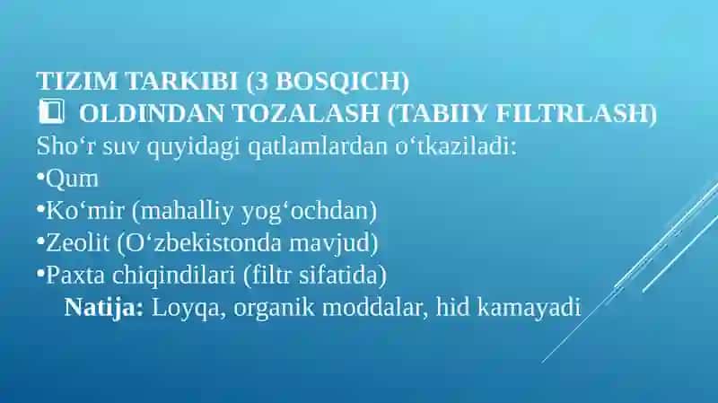O'zberiston sharoiti dasho'r suvlarini chuchuklash 3