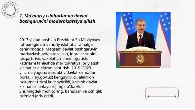 Prezident Sh.Mirziyoyev rahbarligi va tashabbusi ostida amalga oshirilyotgan islohotlar 3