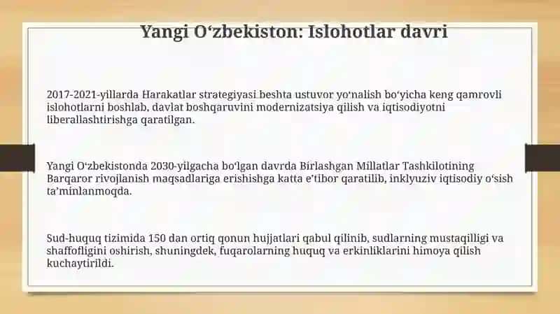 Yangi O'zbekiston: Prezident Sh.M. Mirziyoyev rahbarligidagi islohotlar 3