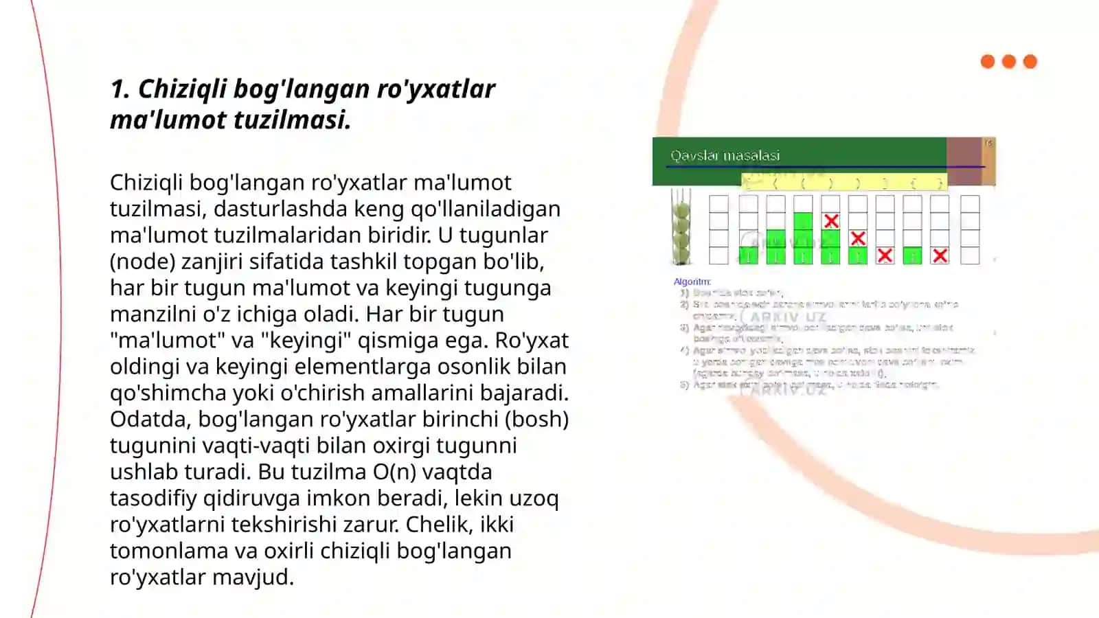 Chiziqli bog'langan ro'yxatlar bilan ishlash algoritmlari va dasturlarini tuzish 3