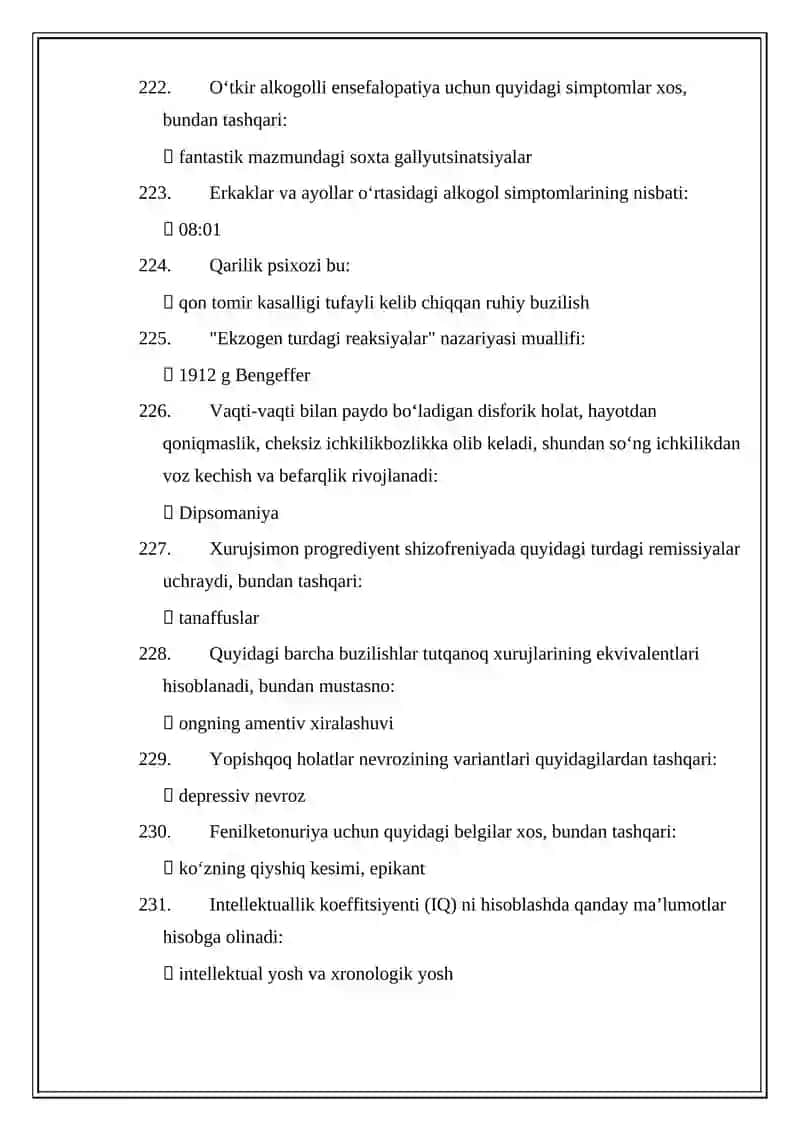 PSIXIATRIYA MUTAXASSISLIGI BOʻYICHA SHAKLLANTIRILGAN TEST SAVOLLARINING JAVOBLARI 3