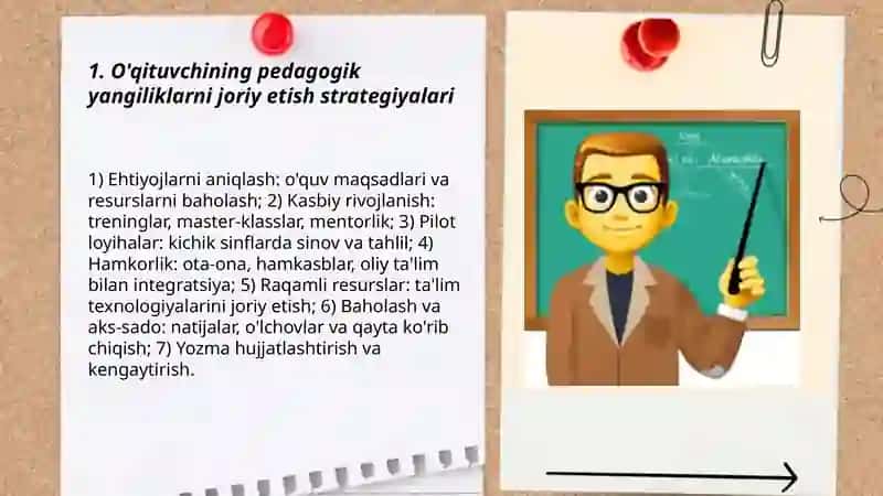 O'qituvchining pedagogik yangiliklarni joriy etish strategiyalari 3