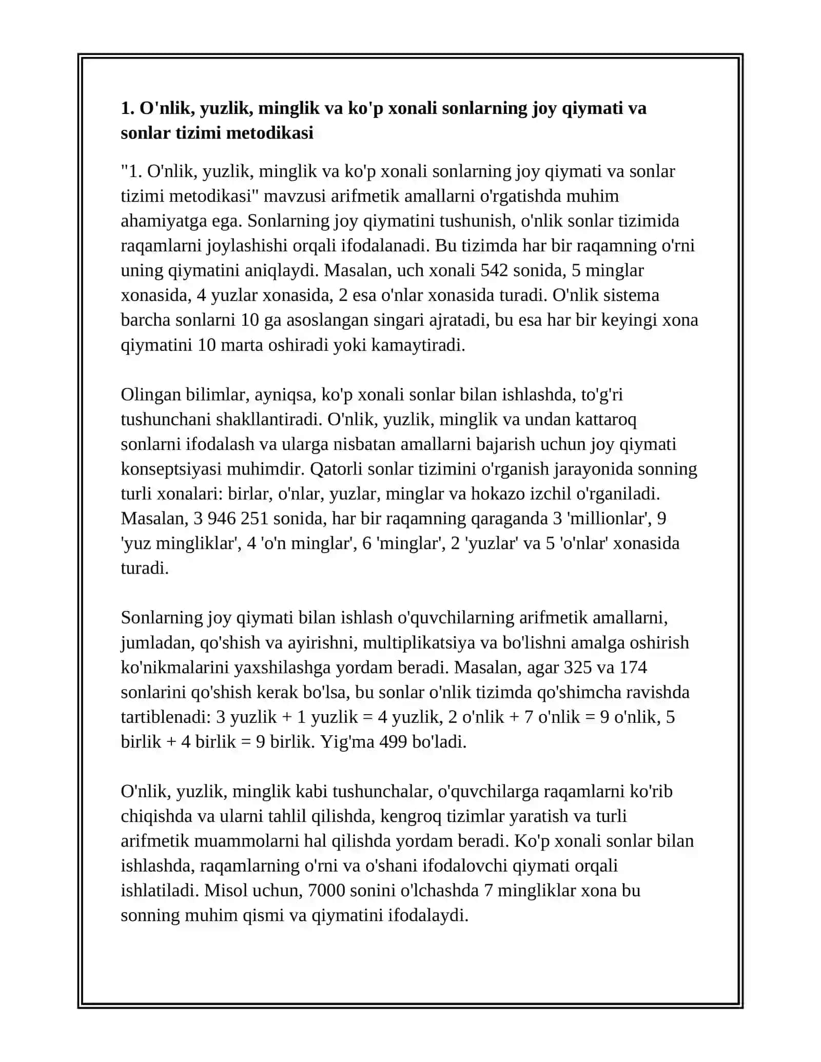 NOMANFIY BUTUN SONLAR USTIDA ARIFMETIK AMALLARNI O'RGATISH METODIKASI. O'NLIK, YUZLIK, MINGLIK VA KO'P XONALI SONLAR KONSENTRIDA ARIFMETIK AMALLARNI O'RGATISH METODIKASI 3
