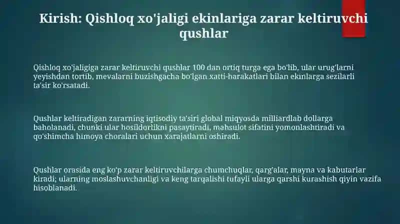 Qishloq xo‘jaligi ekinlariga zarar yetkazuvchi qushlar (Aves) faunasi 3