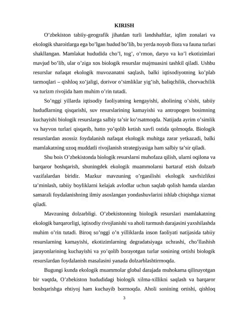 O'zbekistonning Biologik Resurslari va Ulardan Foydalanishning Ekologik Muammolari 3