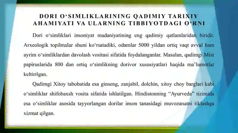 Qadimgi va zamonaviy dori vositalari sifatida oʻsimliklar - bezgak va xinin, tamaki, koʻknori va boshqalar 3