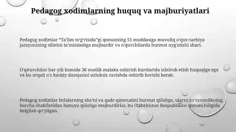 Talim tashkilotlari pedagog xodimlarining huquqiy maqomi 3