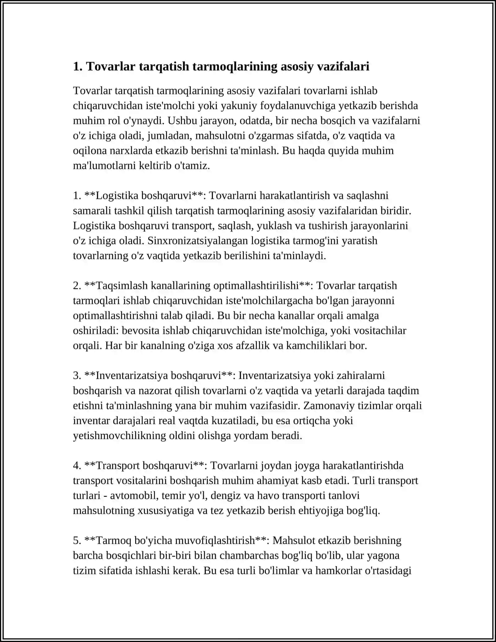 MUSTAQIL ISH Mavzu: TOVARLARNI TARQATISH TARMOQLARI XUSUSIYATLARI VA ULARNING TUZILISHI 3