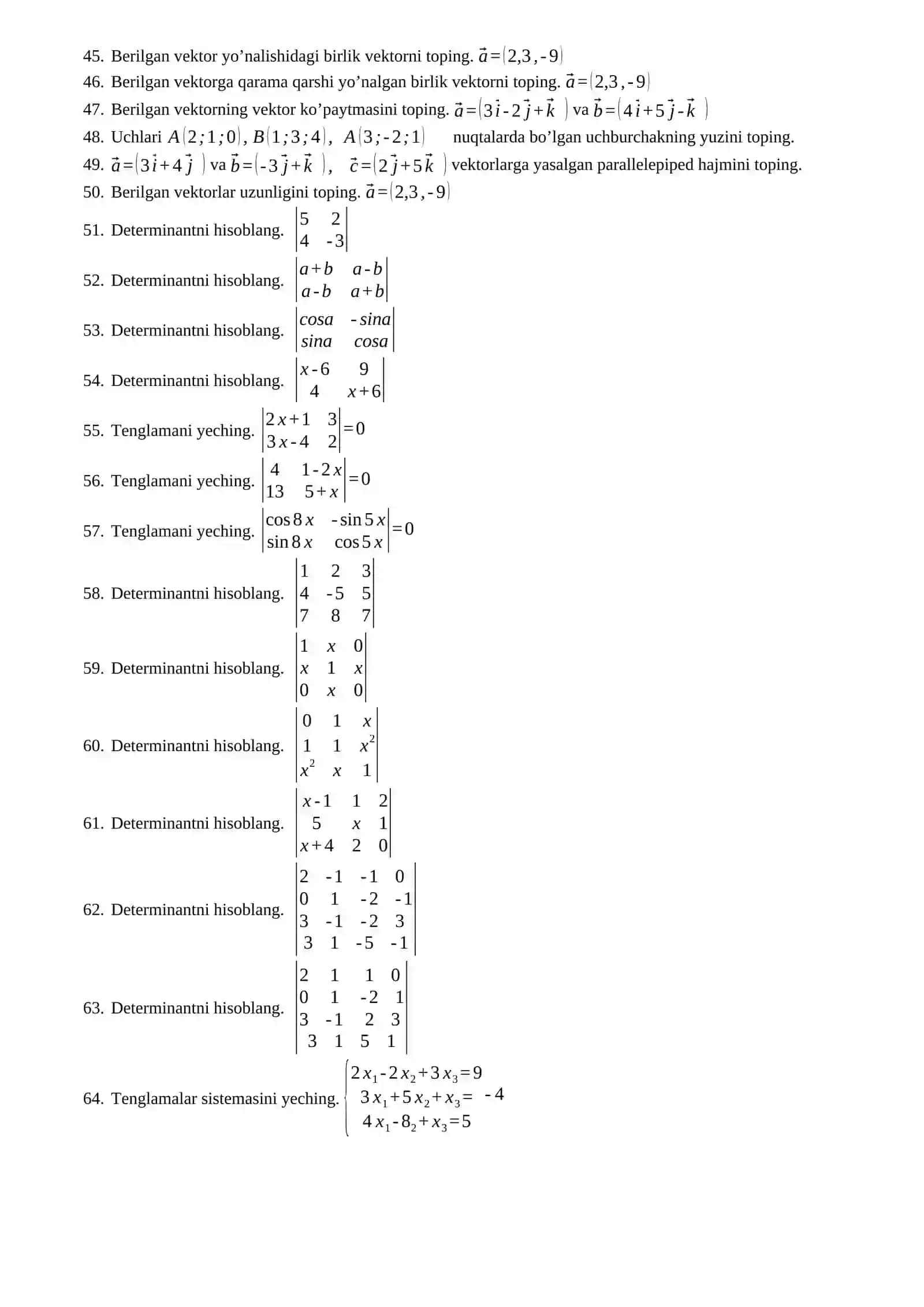 Chiziqli algebra va analitik geometriya yakuniy nazorat savollari 3