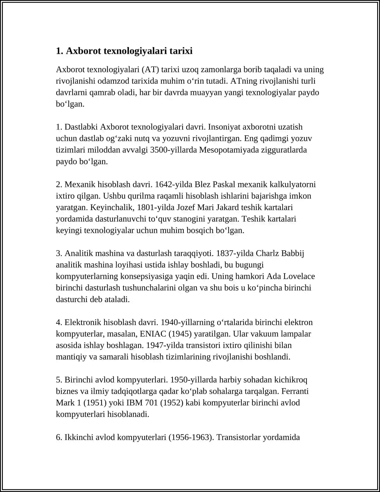 AXBOROT TEXNOLOGIYALARI TARIXI, MAQSAD VA VAZIFALARI. ZAMONAVIY MULTIMEDIA VOSITALARI. ZAMONAVIY KOMPYUTERLARNING ARXITEKTURASI VA STRUKTURASI 3