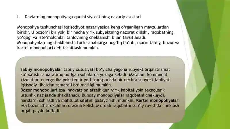 Davlatning monopoliyaga qarshi iqtisodiy siyosati va raqobatni rivojlantirish 3