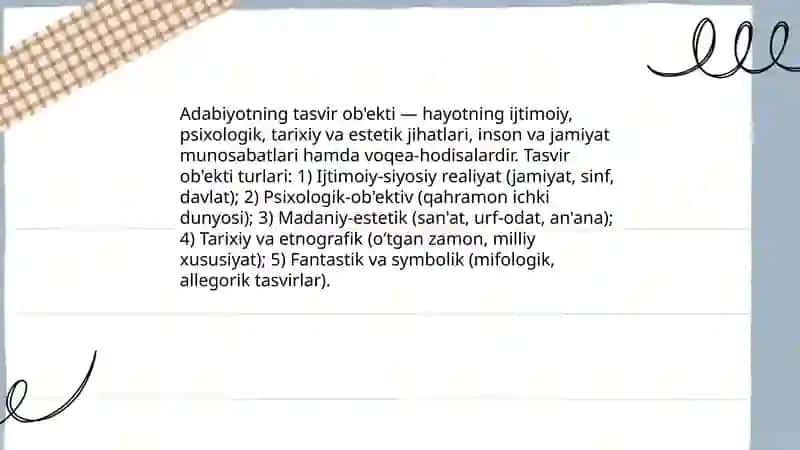 Adabiyotning tasvir ob'ekti, predmeti, vazifasi 3