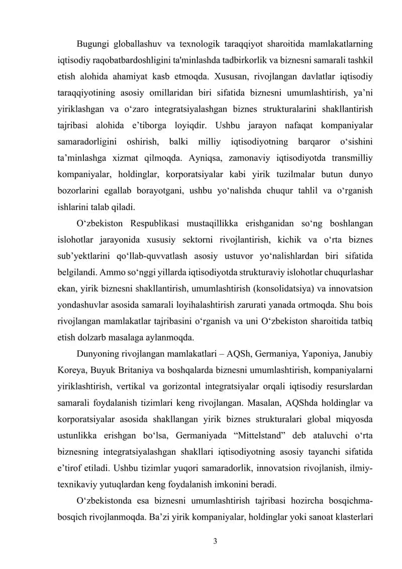 Rivojlangan mamlakatlarda biznesni umumlashtirish tajribasi va undan Oʻzbekistonda samarali loyihalashtirish yoʻnalishlari 3
