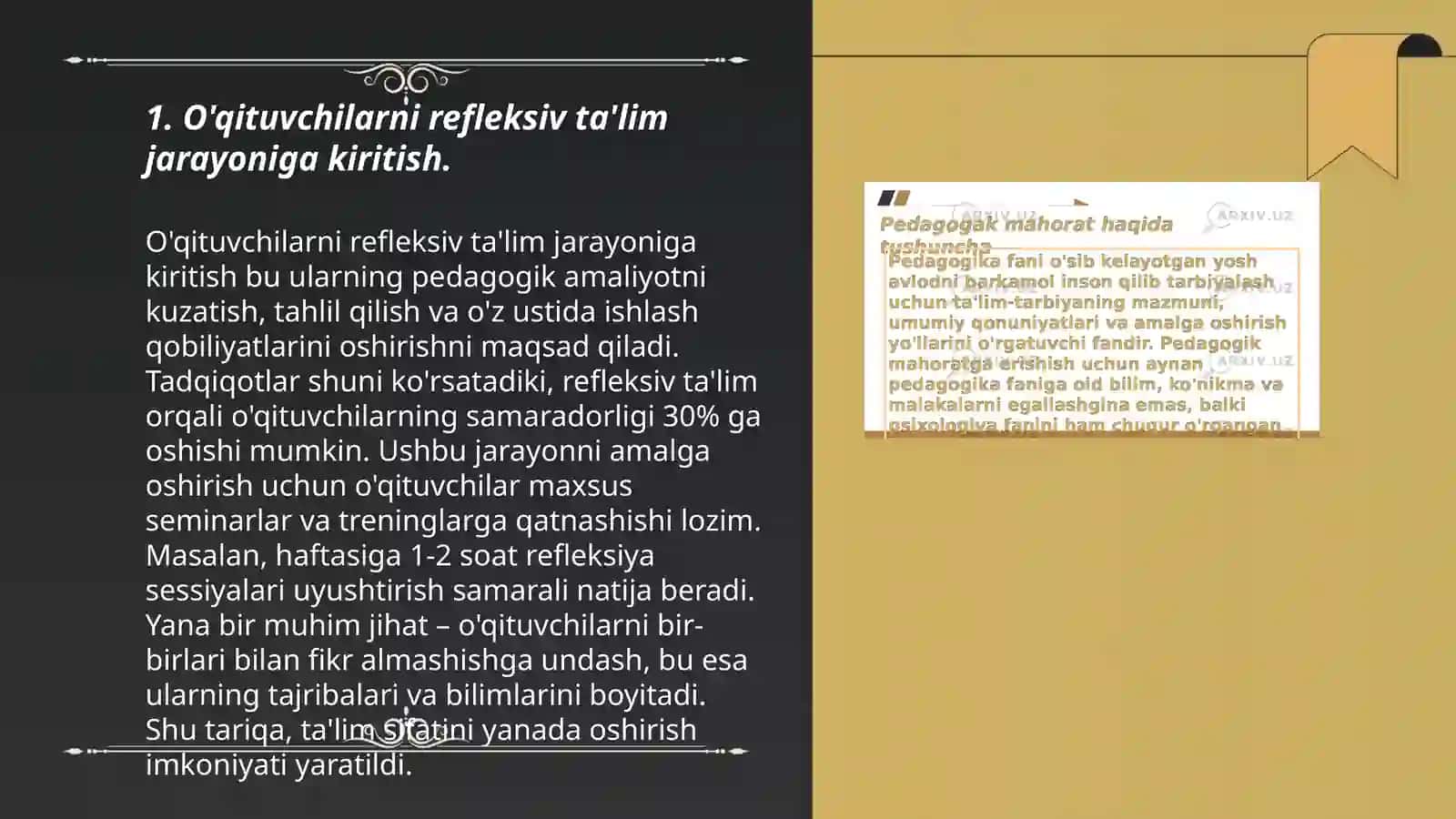O'qituvchining kasbiy pedagogik refleksiya asosida o'z pedagogik mahoratini imkoniyatlarini takomillashtirish 3