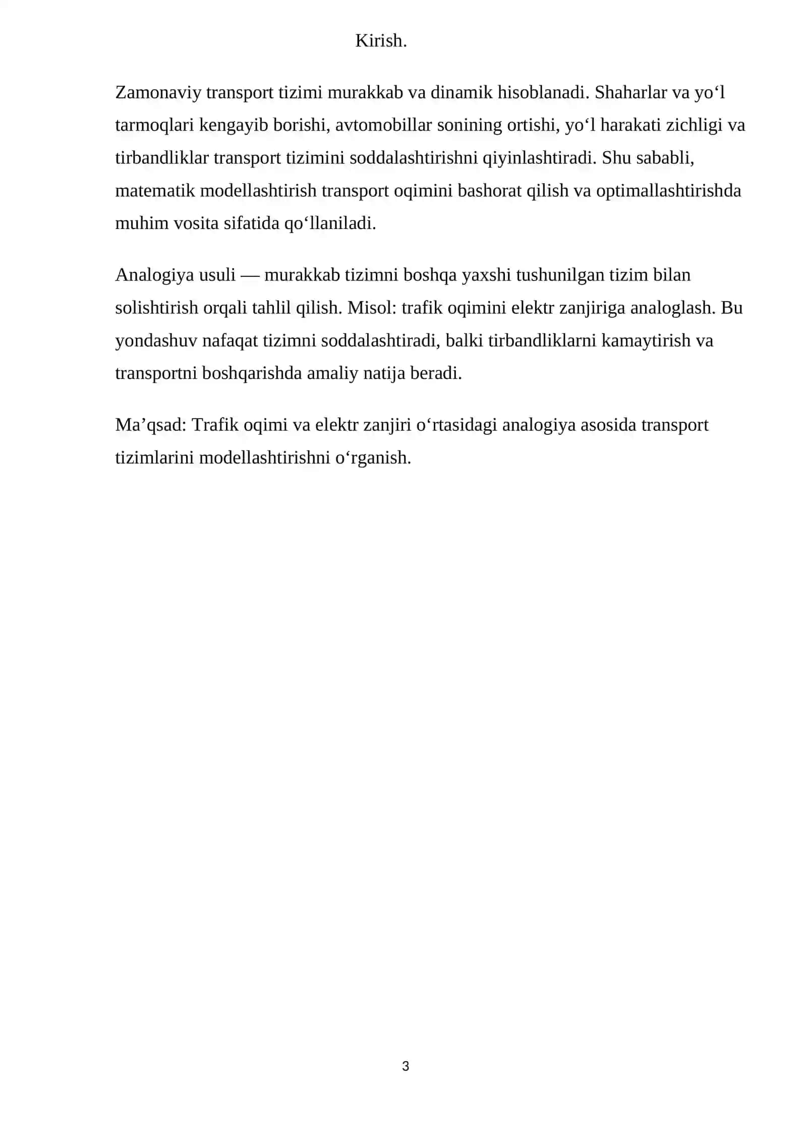 Matematik modellashtirishda analogiya usuli: Trafik oqimi va elektr zanjiri 3