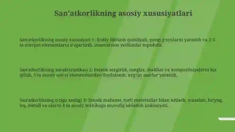 San'atkorlikning asosiy belgilari va xususiyatlari 3