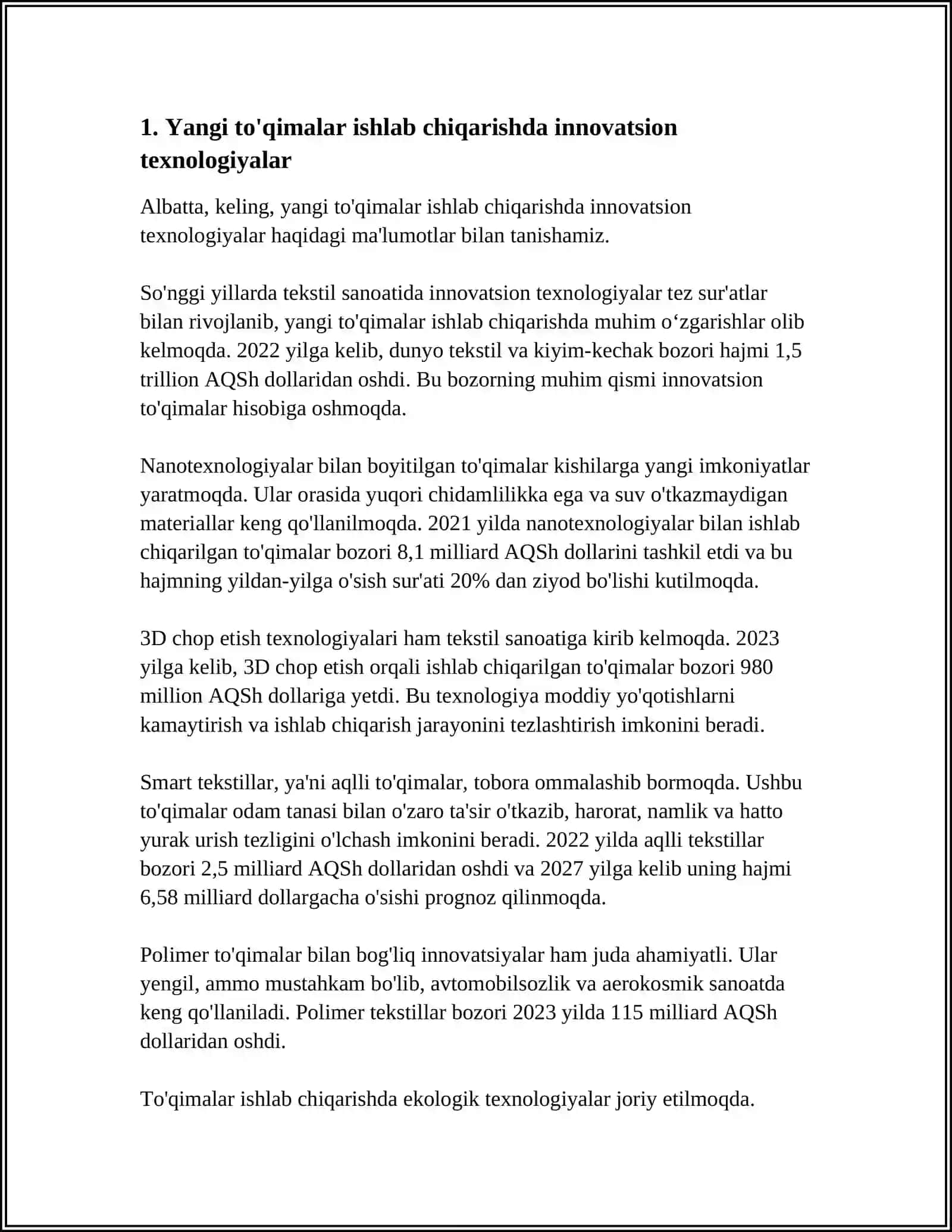 O‘ZBEKISTON QO‘SHMA KORXONALARDA YANGI TO‘QIMALAR ISHLAB CHIQARISH TEXNOLOGIYALARI 3