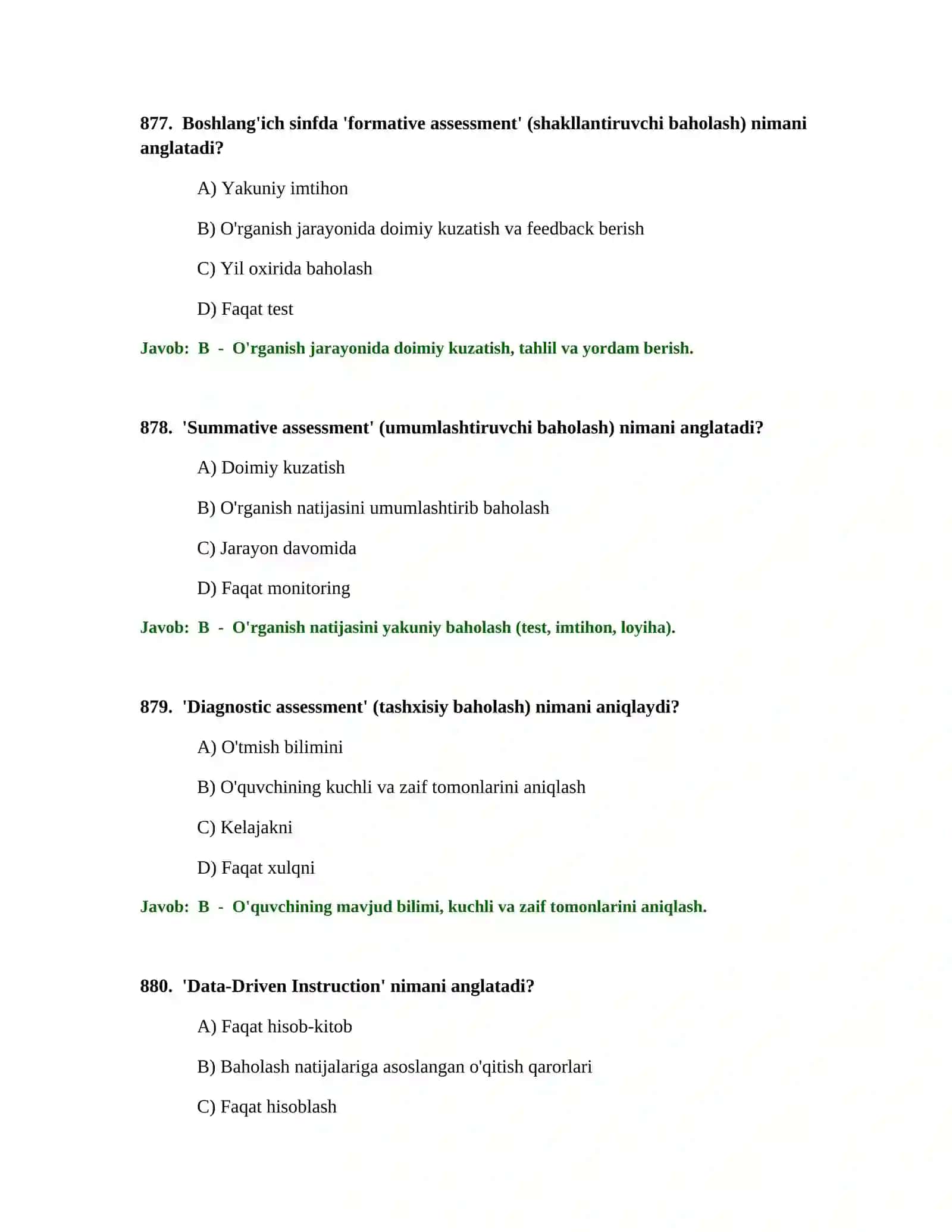 BOSHLANG'ICH TA'LIM O'QITUVCHISI TEST SINOVLARI 3