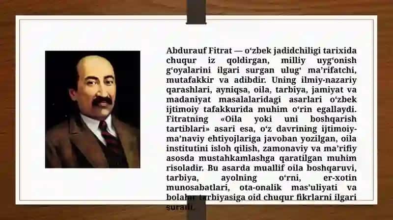 Abdurauf  Fitratning «Oila yoki uni boshqarish tartiblari» asarini o‘rganish va tahlil etish TAQDIMOT 3