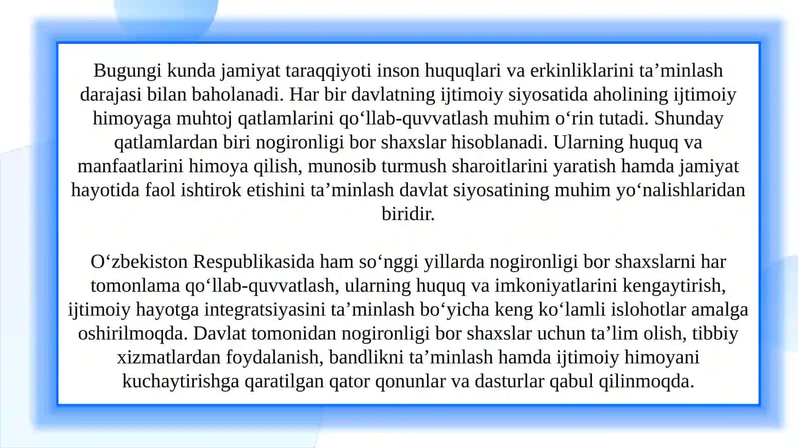 Oʻzbekistonda nogironligi bor shaxslarga qaratilgan davlat siyosati 3