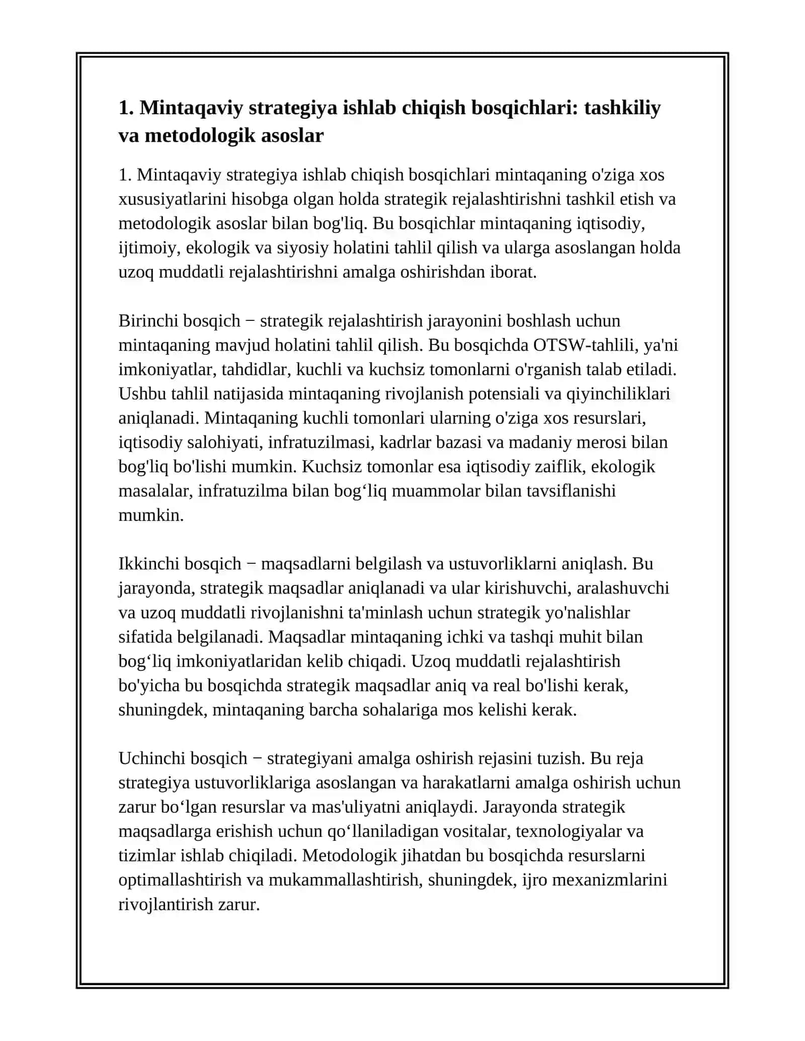 MINTAQAVIY STRATEGIYALARNI ISHLAB CHIQISH BOSQICHLARI. UZOQ MUDDATLI REJALASHTIRISH. OTSW-TAHLILI ASOSIDA STRATEGIYA USTUVORLIKLARINI ASOSLASH VA TIZIMLASHTIRISHNING AMALGA OSHIRILISHI 3