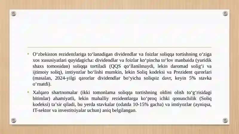 Oʻzbekiston Respublikasining soliq rezidentlariga toʻlanadigan dividendlar va foizlar tarzidagi daromadlarga soliq solishning oʻziga xos xususiyatlari 3