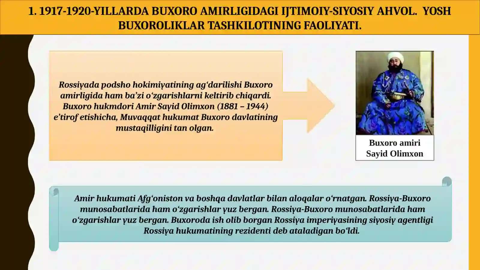 XIVA XONLIGI VA BUXORO AMIRLIGINING QIZIL ARMIYA TOMONIDAN TUGATILISHI. XXSR VA BXSRNING TASHKIL TOPISHI. 3