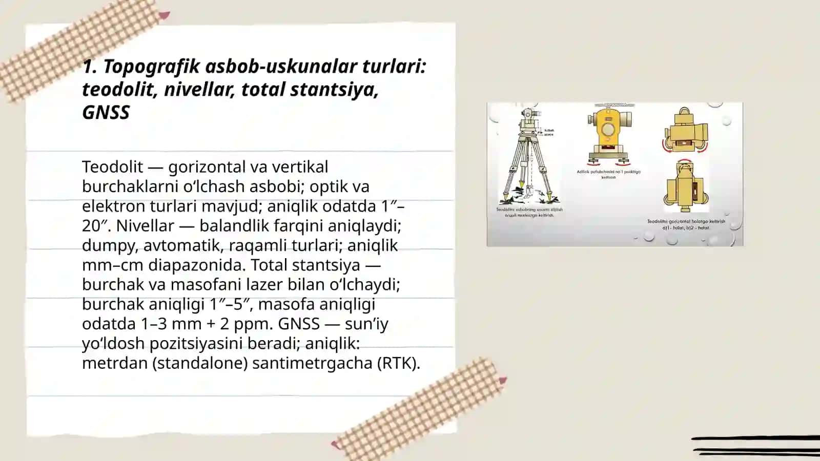 Topografik asbob uskunalar va ular bilan ishlash 3