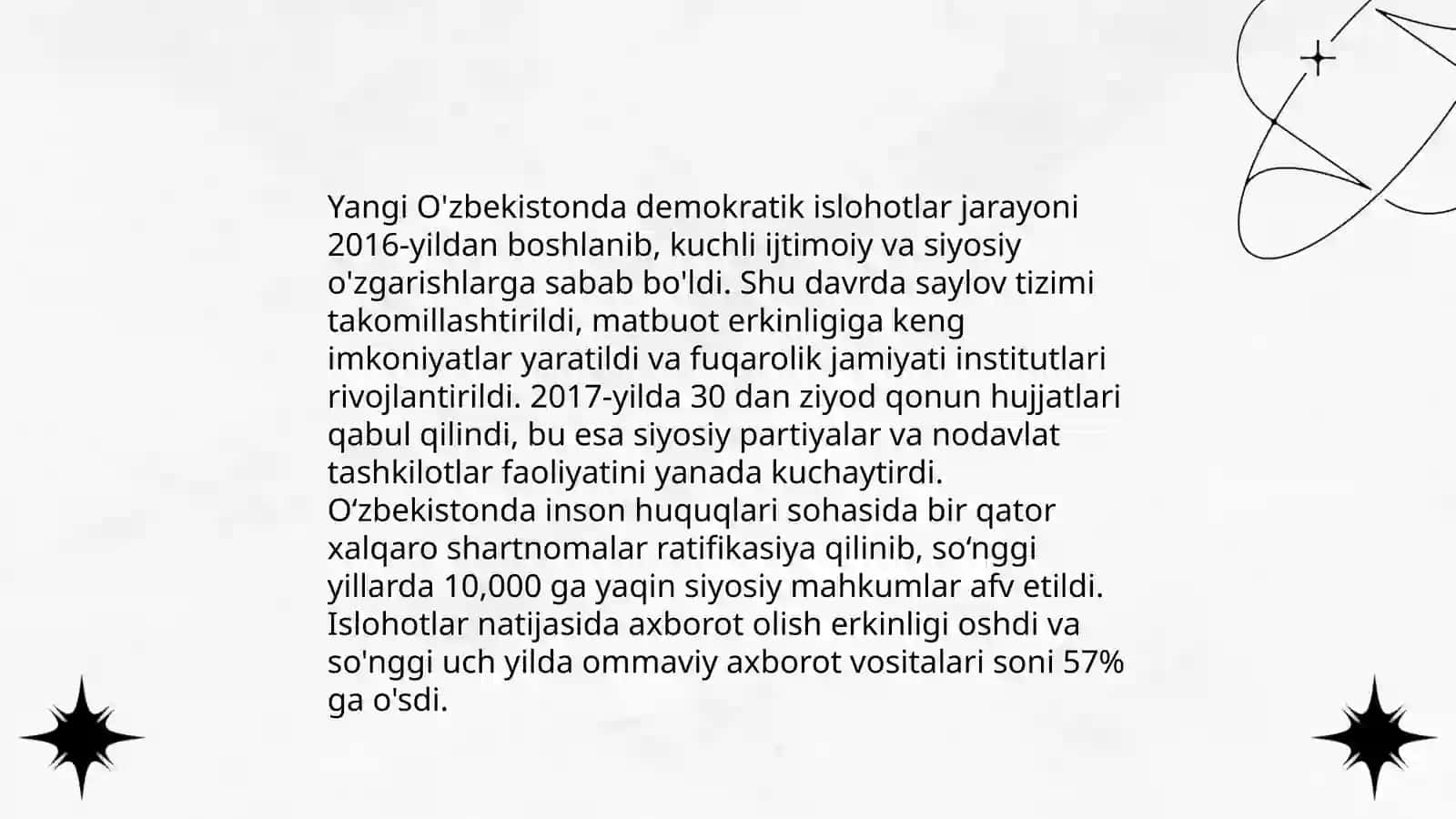 Yangi O'zbekistonda ijtimoiy, siyosiy, iqtisodiy va madaniy hayotda o'zgarishlar 3