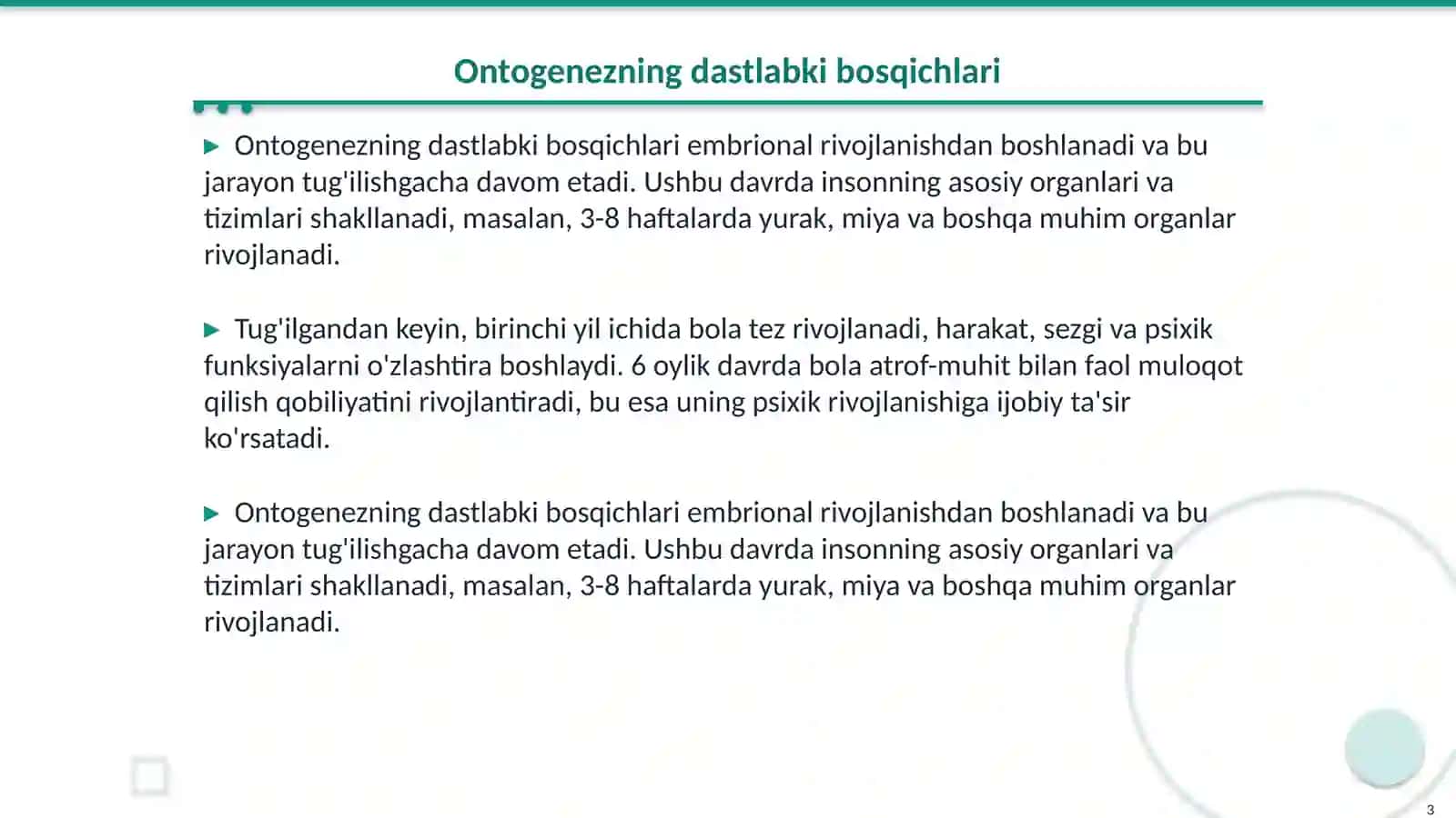 Ontogenezning ilk bosqichlarida insonning rivojlanishiga xos xususiyatlari.Maktabgacha davrda va kichik maktab yoshi davrida psixik rivojlanish xususiyatlari 3