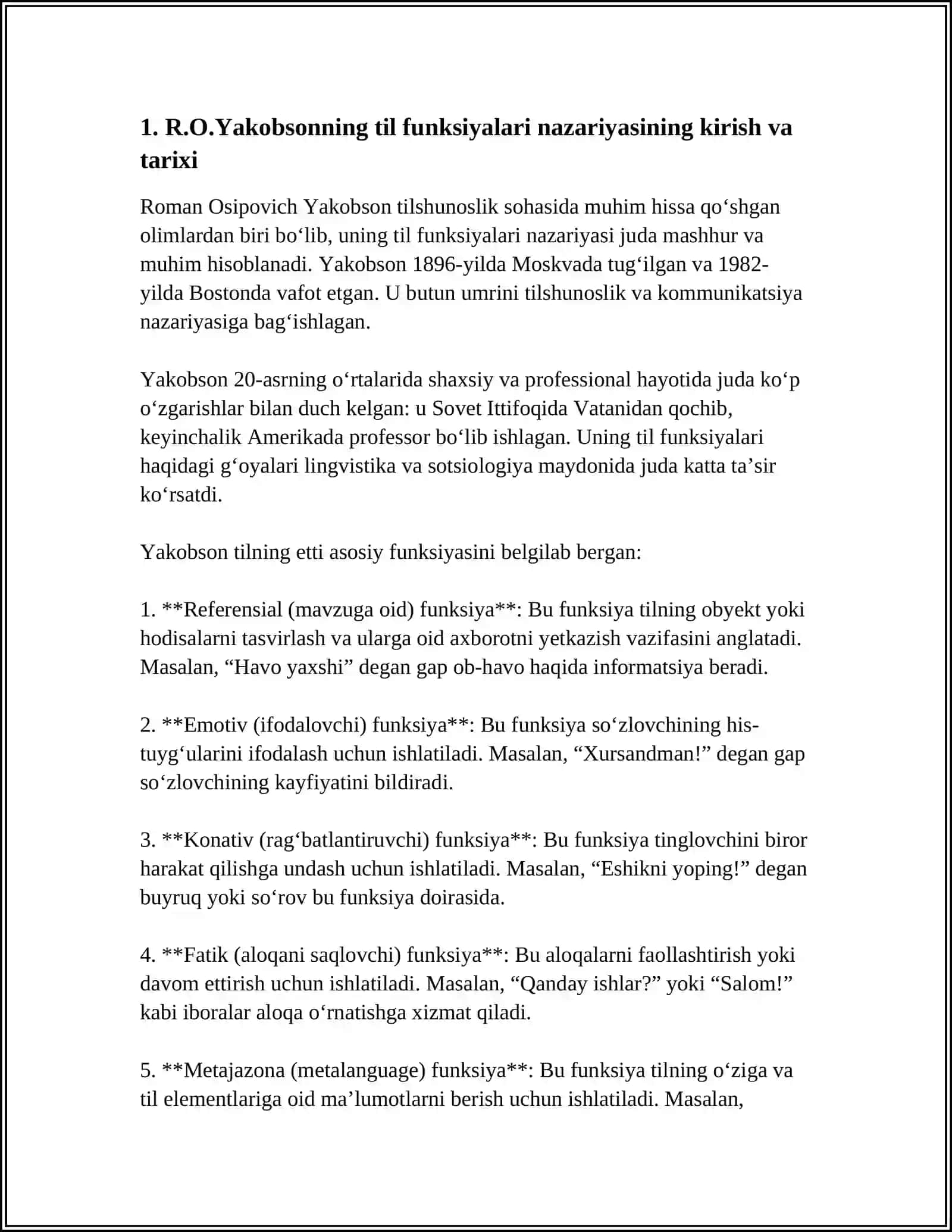 TILNING IJTIMOIY VAZIFALARI.R.O.YAKOBSON TOMONIDAN ILGARI SURILGAN TIL FUNKSITALARI 3