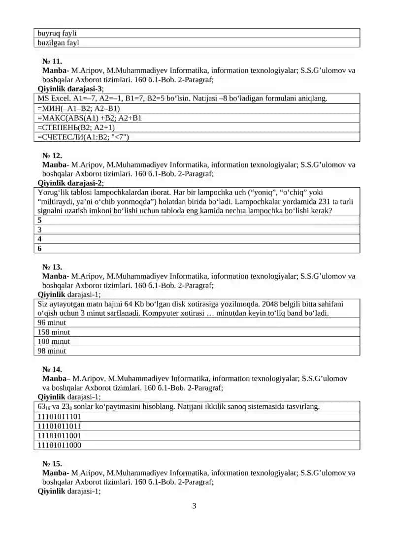 INFORMATIKA VA AXBOROT TEXNOLOGIYALARI FANIDAN TEST 3